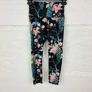 EVOLUTION AND CREATION black colorful floral peacock stretch cropped leggings S